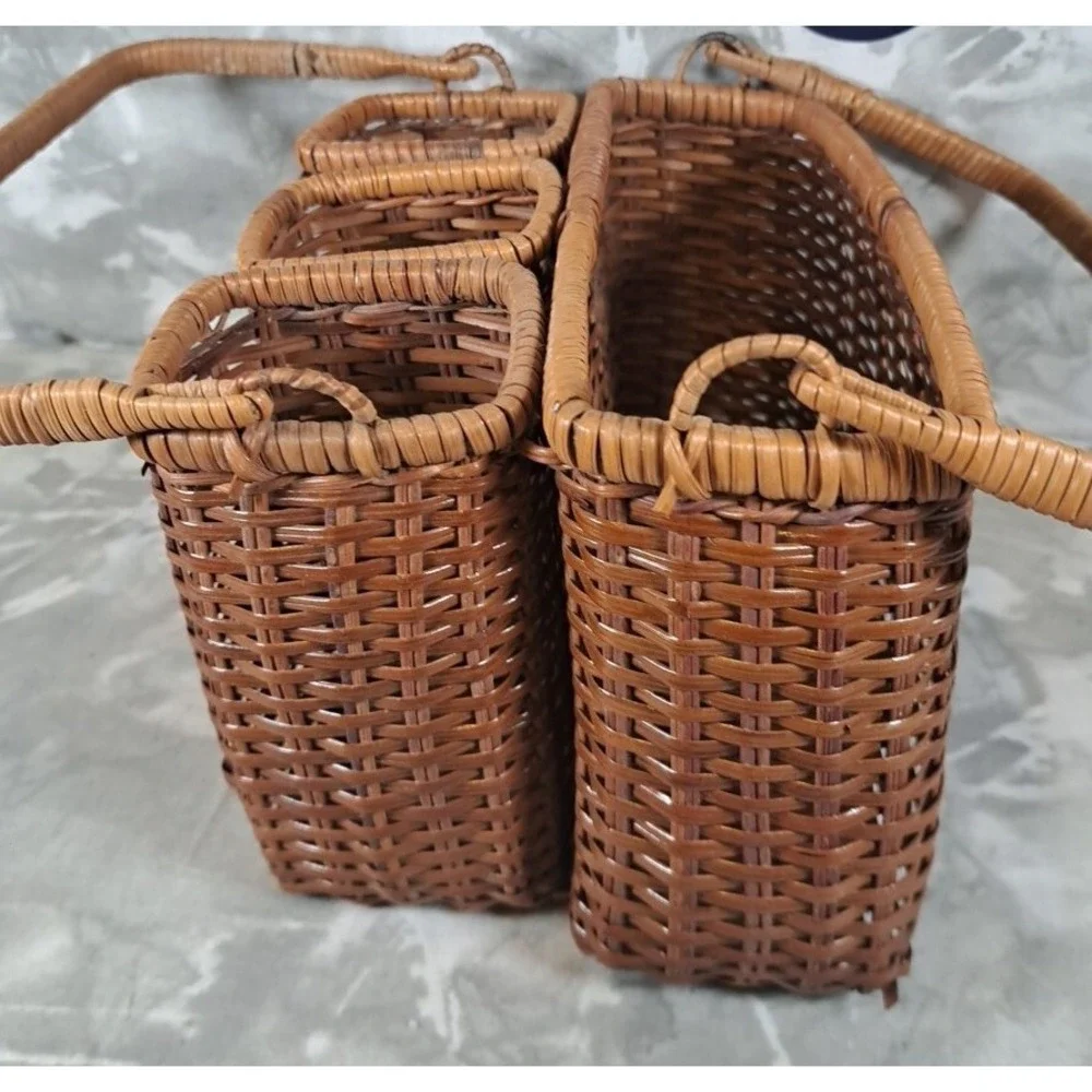 Vtg Wicker Silverware Caddy Flatware Napkin  Holder Organizer Rattan BOHO decor